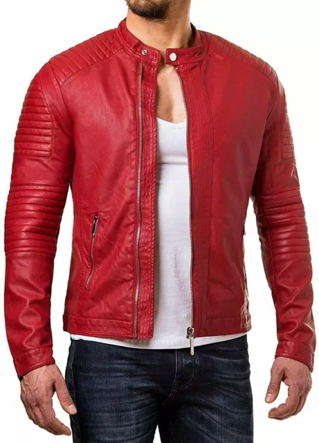 Hommes Veste Cuir Slim Fit Moto Motard Rouge Véritable Peau D'Agneau Veste -031