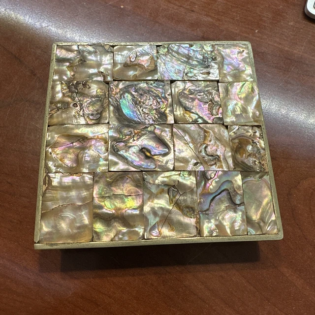 Vintage  Brass & Abalone Shell Jewelry Box-Redwood Lined - 4"X3"X1.25"