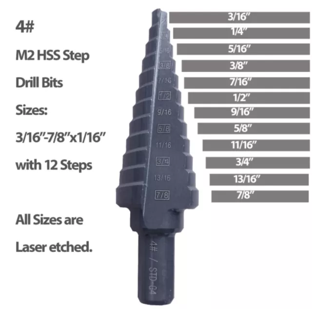 HSS Step Drill Bits 4#  Black Oxided M2 with 3/16"-7/8"x1/16" with 12 Steps Hole