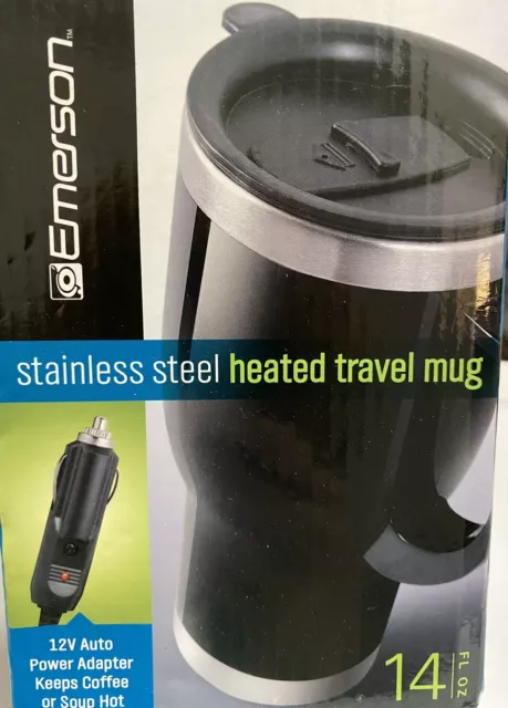 Emerson Stainless Steel Heated 14oz Travel Mug with 12V Auto Power Adapter ~NEW~