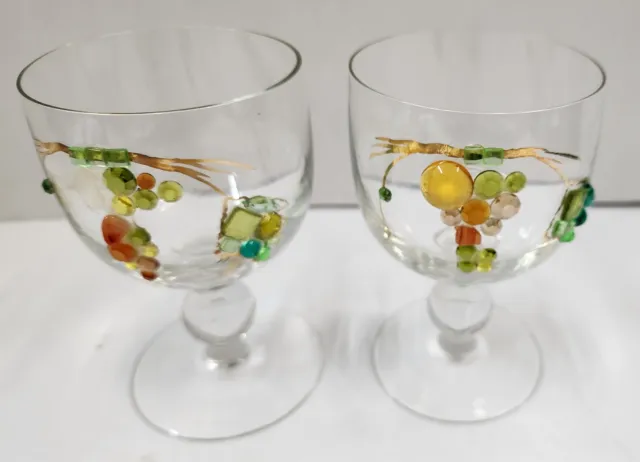 Juego de 2 copas de vidrio decoradas con cuentas multicolores hechas a mano vintage de 5,5" de alto