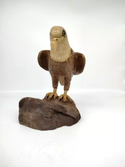 Hand Carved Folk Art Wooden Bald Eagle on Burl Wood Base 8.5 inches Tall