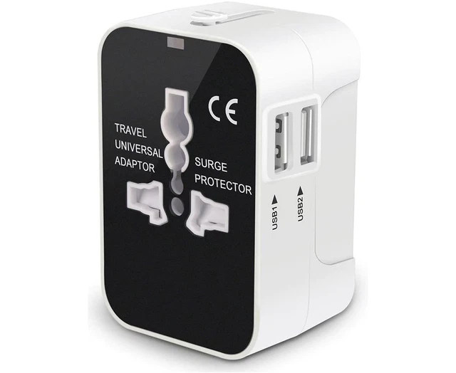 All-In-One Global Travel Adapter Wall Charger with Dual USB Charging Ports In...
