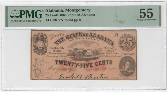 1863 Alabama, Montgomery 25 Cents State of ALCR6 PMG 55 AU