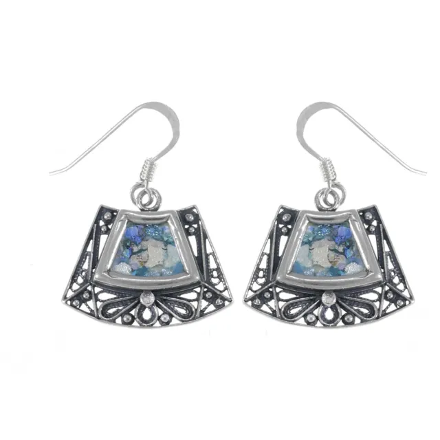 Beautiful Ladies Dangle 925 Sterling Silver Ancient Roman Glass Earrings