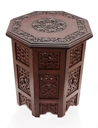 Solid Wood Accent End Table - Hand Carved Vintage Boho Folding Side Table - S...
