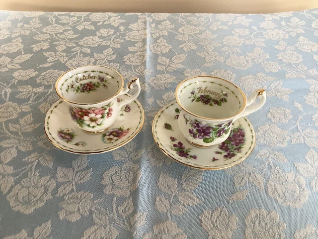 Royal Albert 2 Miniature Flower Of The Month February October Tea Cup & Saucers