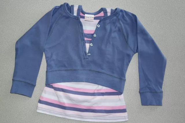 Girls NEXT 100% Cotton Blue/White/Pink  Striped 2 in 1 Long Sleeve Top age 2-3