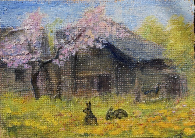 ACEO painting original landscape animal Dora Pilssala oil Bunnies by old house