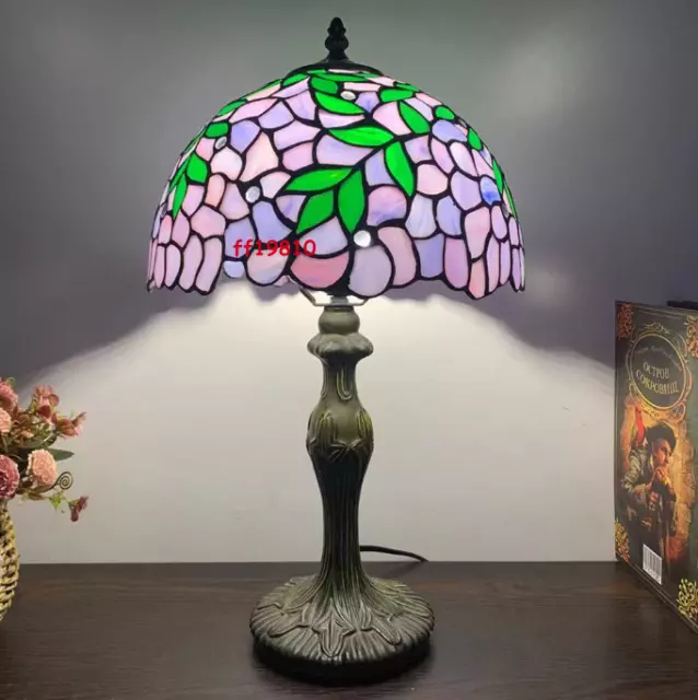 Tiffany Style Table Lamp Stained Glass Purple Blue Flowers Vintage H18*W12 Inch