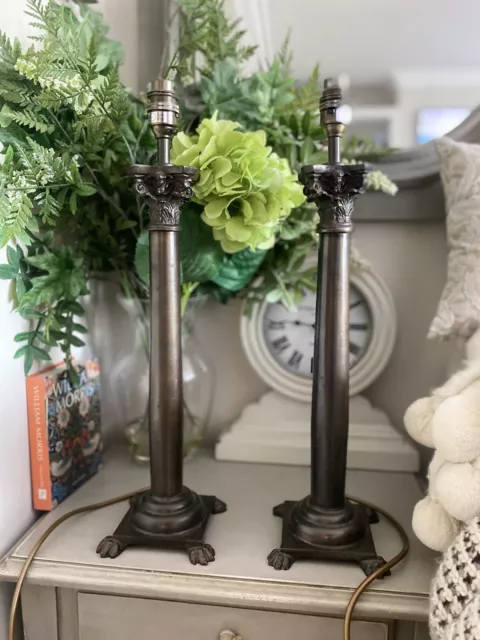 PAIR Vintage Style Bronze Coloured Metal Corinthian Column Lions Paw Feet Lamps