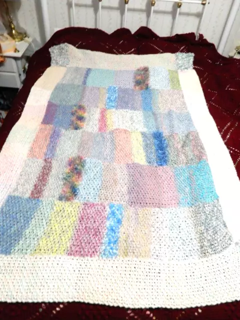 Handmade Pastel Multi Coloured Knitted Crocheted Wool Blend Blanket 184cmX122cm