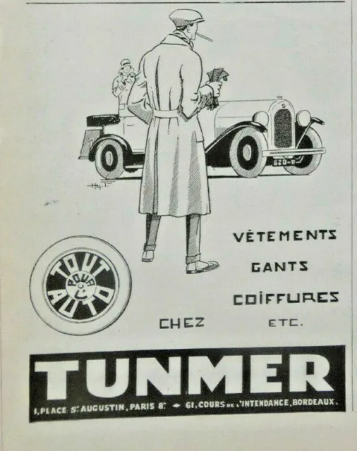 Publicité De Presse 1926 Tunmer Vêtements Gants Coiffures Tout Pour L'auto