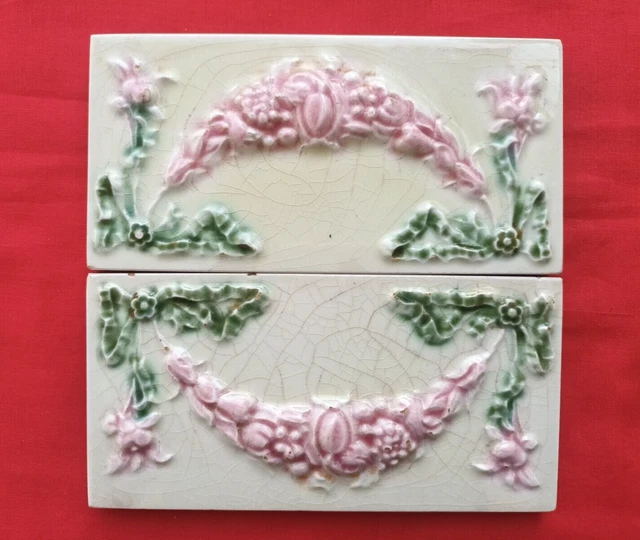 2 Piece Old Art Deco Floral Design Embossed Majolica Ceramic Tiles Japan 0263