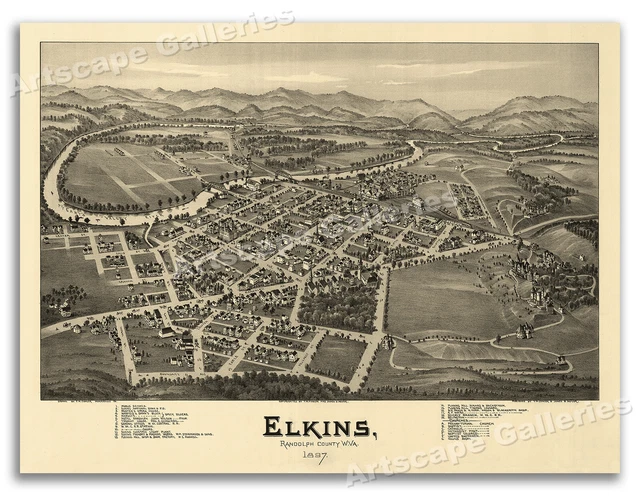 Bird's Eye View 1897 Elkins West Virginia Vintage Style City Map - 18x24