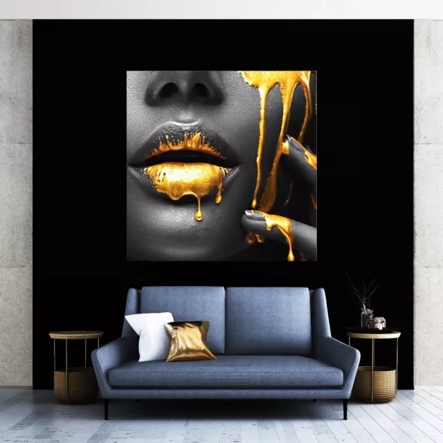 Goldschwarze Lippen gesicht Leinwand bilder Frau , Kunstdruck wandbild