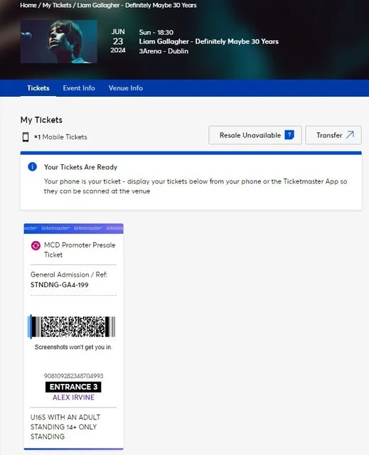 liam gallagher dublin 23 june 2024 standing - ticket to transfer immediately