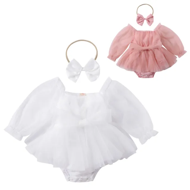 Kids Baby Girl Mesh Romper Dress Newborn Clothes Bowknot Headband Outfits Set