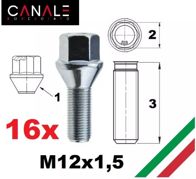 kit 16 bulloni ruota cerchi lega M12x1,5 28mm Fiat Grande Punto Evo Opel Corsa