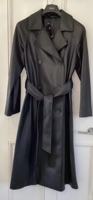Marks And Spencer Faux Leather Double Breasted Belted Trench Coat Sz 10-12 Black