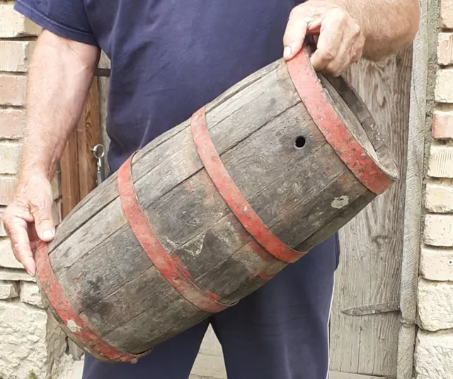 21"  Antique primitive staved WOODEN BARREL CASK FLASK CANTEEN, iron banded, old 3