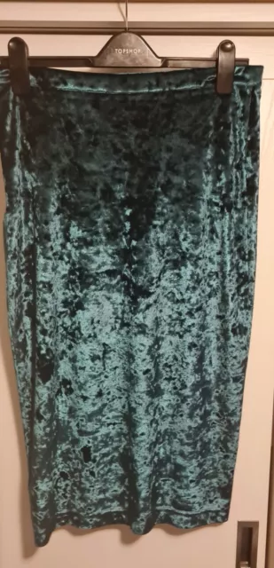 Topshop Crushed Velvet Green Midi Pencil Skirt, Size 14