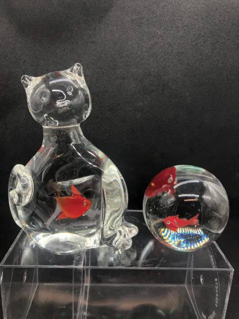Art Glass Cat With Fish In Its Stomach and fish bowl Paperweight Figurine.
