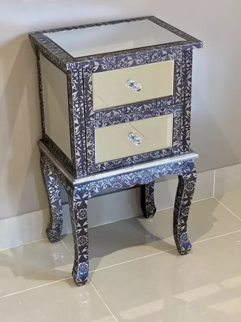 Mirrored Blackened Silver Metal Embossed 2 Drawer Bedside Table Side Table 3