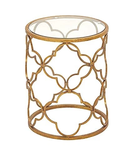Deco 79 Metal Quatrefoil Design Accent Table with Clear Glass Top, 16" x 16" x