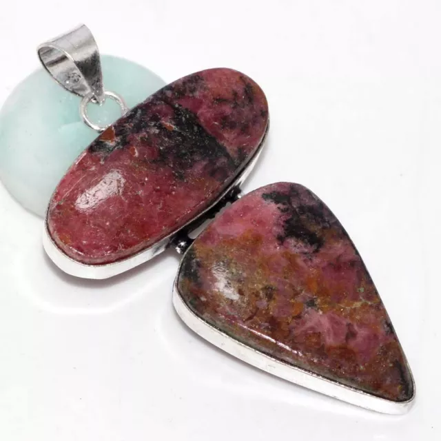 925 Silver Plated-Rhodonite Ethnic Long Gemstone Pendant Jewelry 2.5" JW