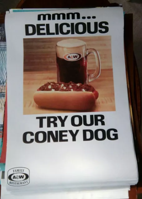 A &W FAMILY RESTAURANT ROOT BEER NOS ADVERTISING POSTER CONEY DOG 34x22 1983