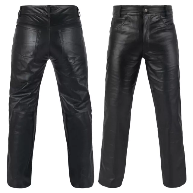 Men's 100% Genuine Cow Skin Full Plain Motorcycle Leather Pant Jeans Style