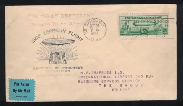 Zeppelin Chicago To  Akron  To Hague 26 Oct 1933 Sieger 244A