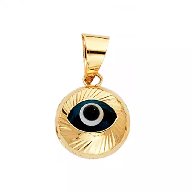 14K Solid Yellow Gold Evil Eye Pendant -Round Good Luck Necklace Charm Women Men