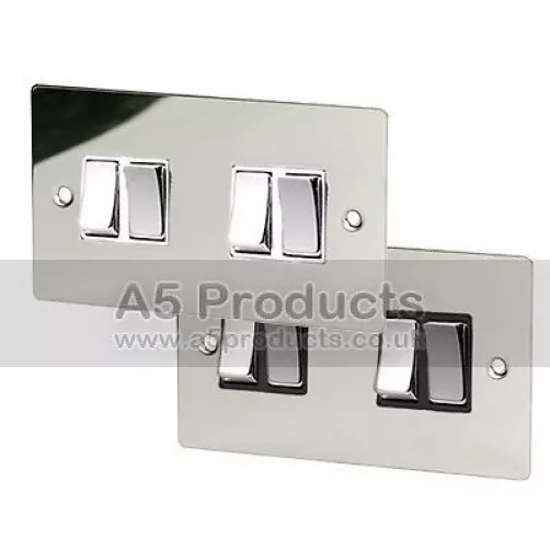 10 Amp Light Switch 4 Gang 2 Way in Polished Mirror Chrome FLAT Plate