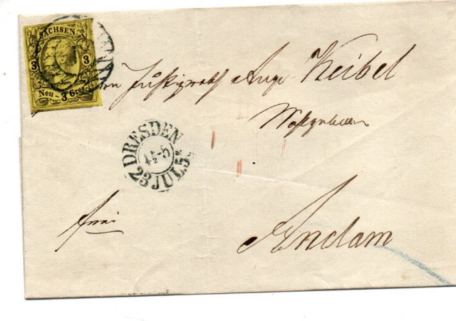Sachsen Brief von Dresden n. Andam frank.3NGr. rücks.Auusgabest.