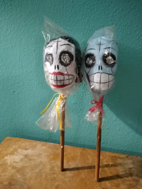 2 Day Of The Dead Paper Mache Rattles Dia de Los Muertes Mexican Folk Art