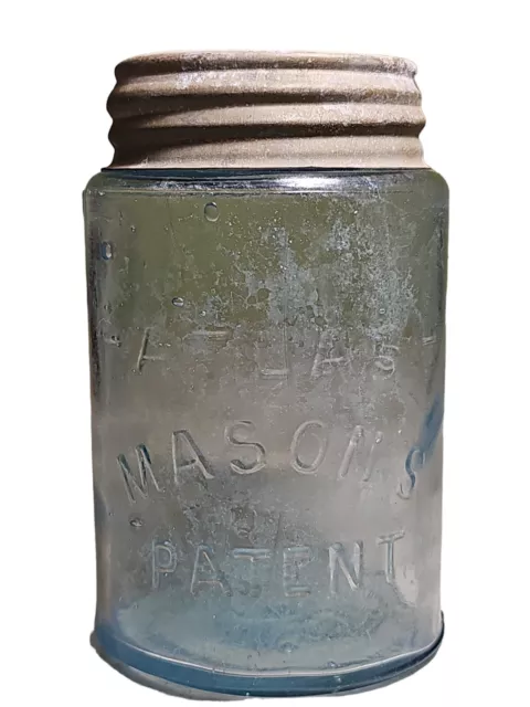 Antique Vintage Atlas Masons Patent Cornflower Blue Jar Pint