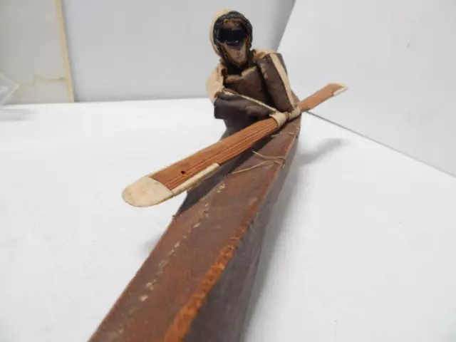 Xlrg 26" Antique Alaska Eskimo Inuit Indian Kayak Umiak Canoe Boat + Male Figure