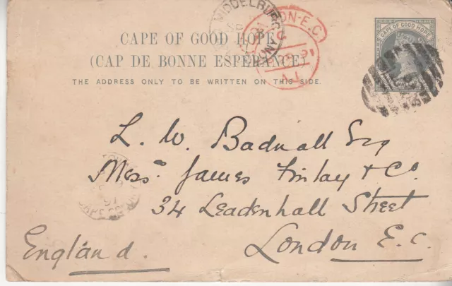 Cape of Good Hope: QV Postal Card: Middelburg to London, 7-28 Sep 1891