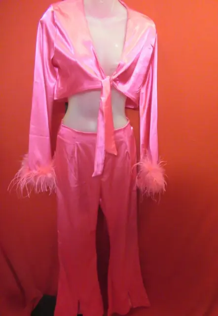 RETRO 60s Sexy Hot Pink Cropped Jacket Bellbottom Pants Med Ostrich Feather Trim