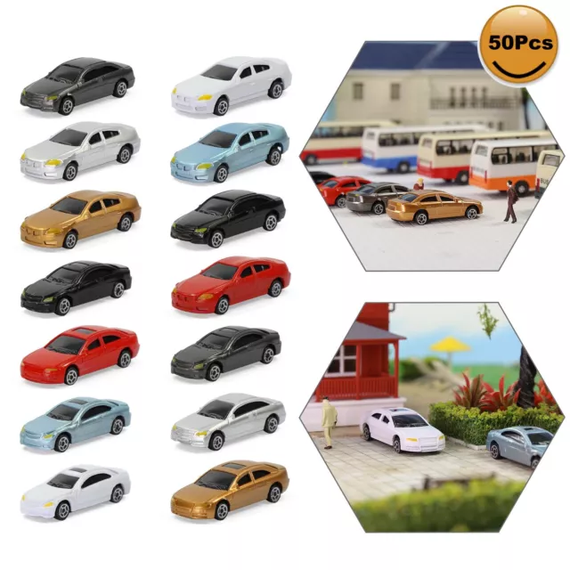 50pcs HO Scale Model Cars Vehicles 1:87 Building Scenery Railway Layout C100