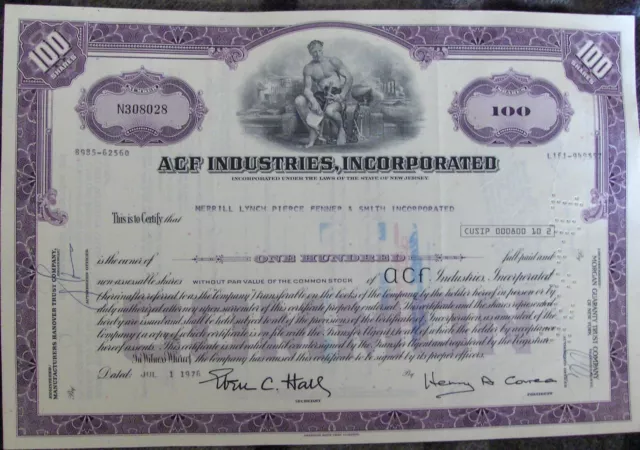 Stock certificate ACF Industries, Inc. Payee Merrill Lynch & Co 100 shares 1976