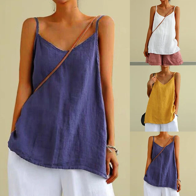 T-Shirts Tunika Tank Tops Hemd Weste Lässig Urlaub Ärmellos Sommer Leinen <