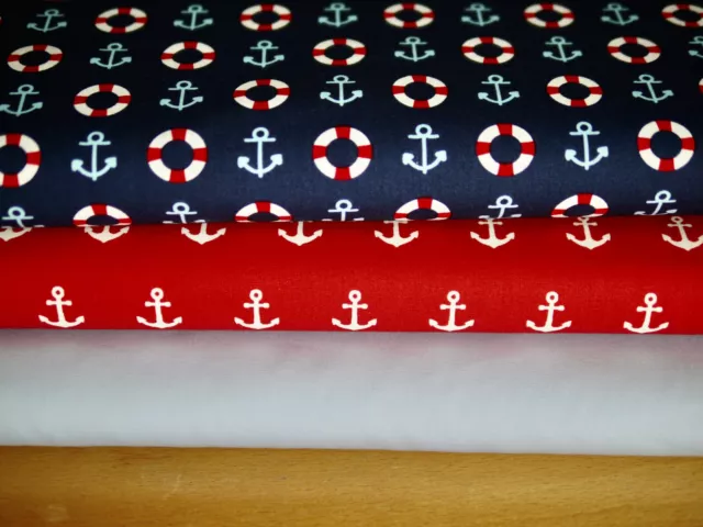 maritimes Stoffpaket ANKER & uni, 100% Baumwollstoff, Popeline, 3 x 25x145 cm