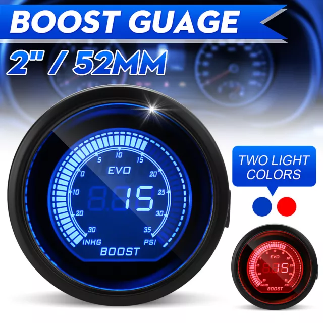 2" 52mm Universal Car Digital PIS Turbo Boost Blue Vacuum LED Light Gauge Meter