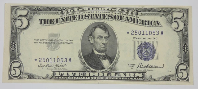Series 1953-A*STAR $5 Blue Seal Silver Cert Note VF/XF Fr#1656* No Pinholes