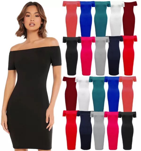 Ladies Womens Short Sleeve Off The Shoulder Bardot Bodycon Midi Dress Plus Size