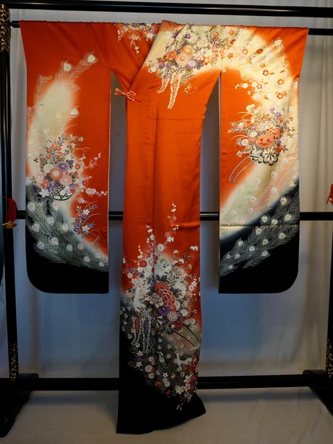 Japanese kimono SILK"FURISODE" with "OBI", Gold, Embroidery, Two gifts, 65".2747 3