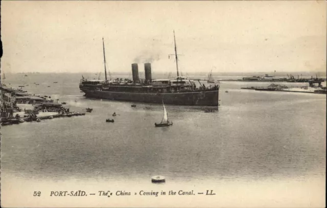 PORT SAID EGYPT The China Coming into Canal STEAMSHIP c1910 Postcard